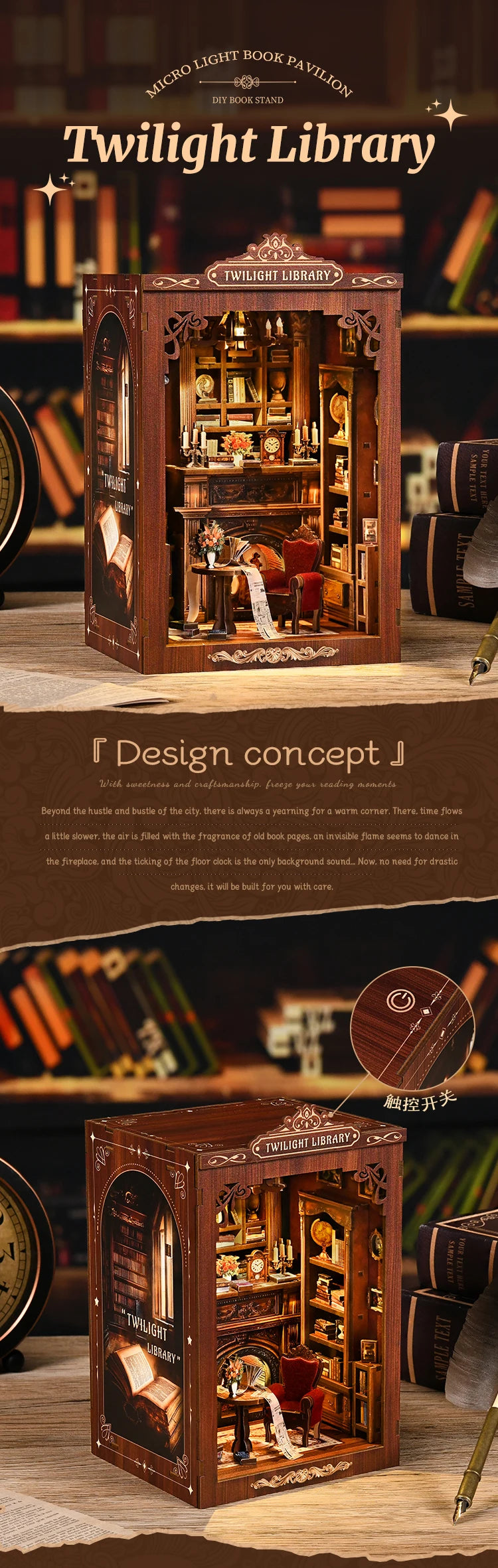 DIY Book Nook Kit Figurines Miniature Booknook Wooden Doll House 3D Puzzle Bookshelf  Dollhouses Toy For Birthday Christmas Gift