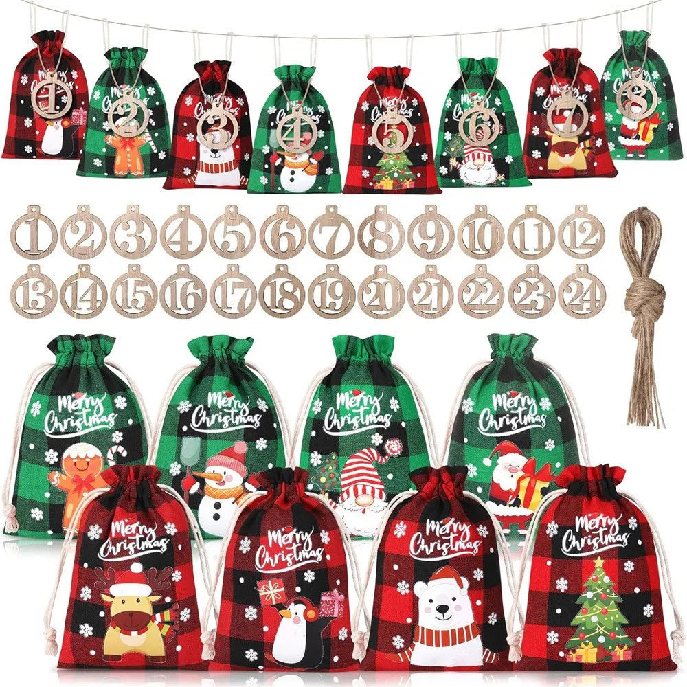 24Pcs Christmas Advent Calendar Number Bags Christmas Gift Burlap Drawstring Bags DIY Countdown Advent Calendar Set with Rope
