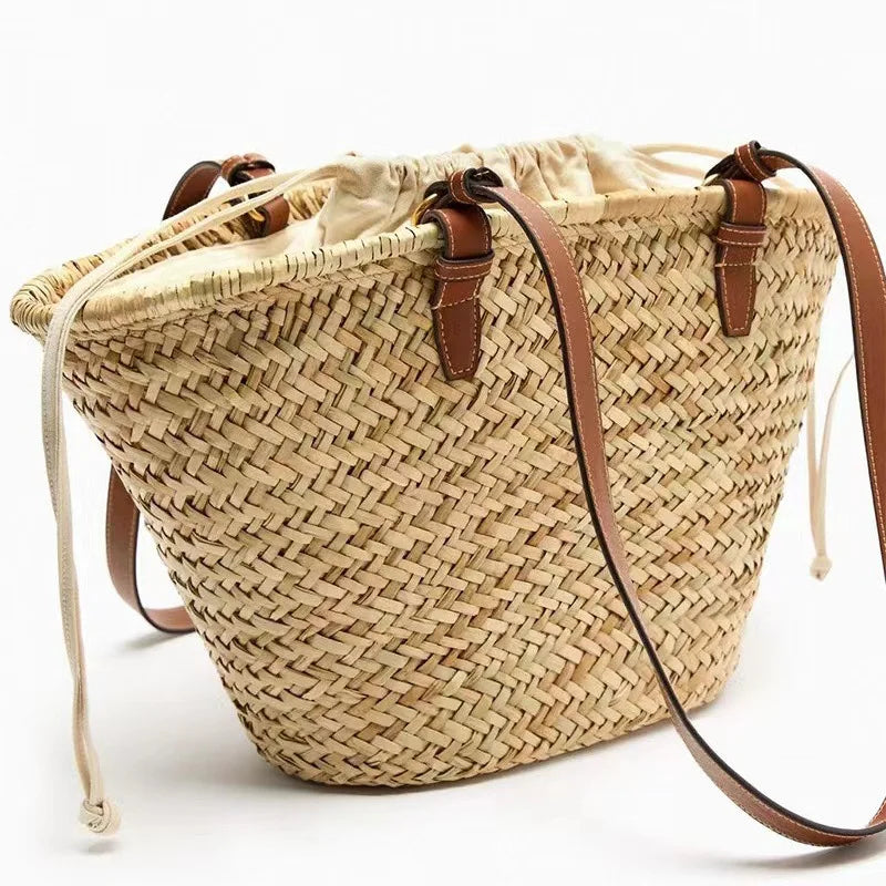 Fashion Large Capacity Straw Basket Bag Handmade Weave Women Shoulder Bags Casual Summer Beach Bag Big Tote Bali Shopper Purses