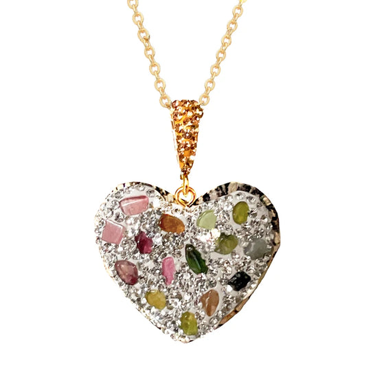 Micro Inlay Rainbow Tourmaline Heart Shape Pendant Jewelry for Women Girls Necklace Making with Clear Rhinestone