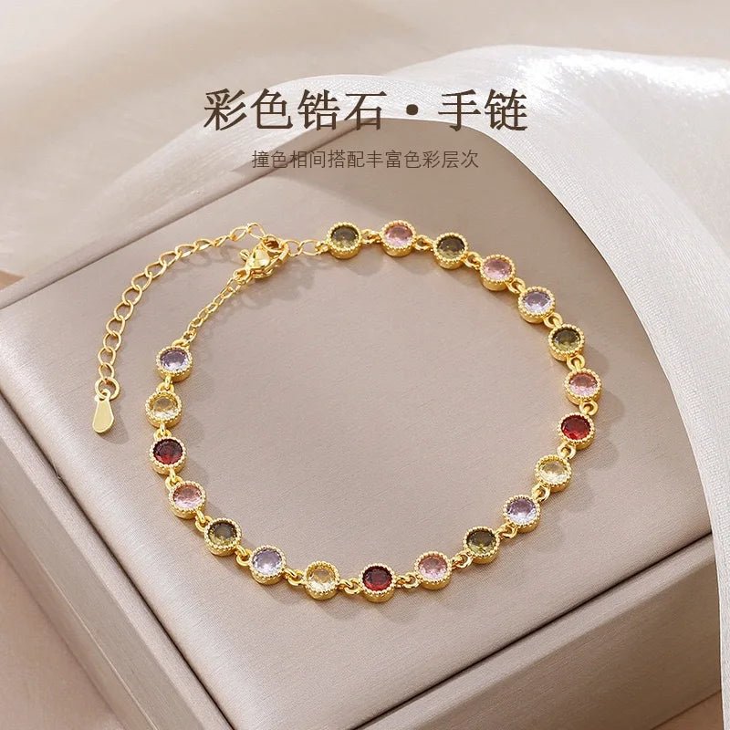 925 Sterling Silver Rainbow Zircon Round Chain Charms Bracelets Woman Couple Designer Jewelry Accessories Wholesalea Jewellery