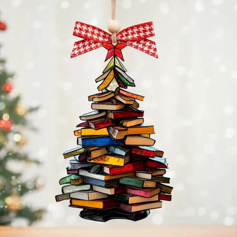 Acrylic Stacked Book Christmas Tree Ornament Clear Book Lover Hanging Decoration Christmas Gift Pendant for Home Office Bookcase