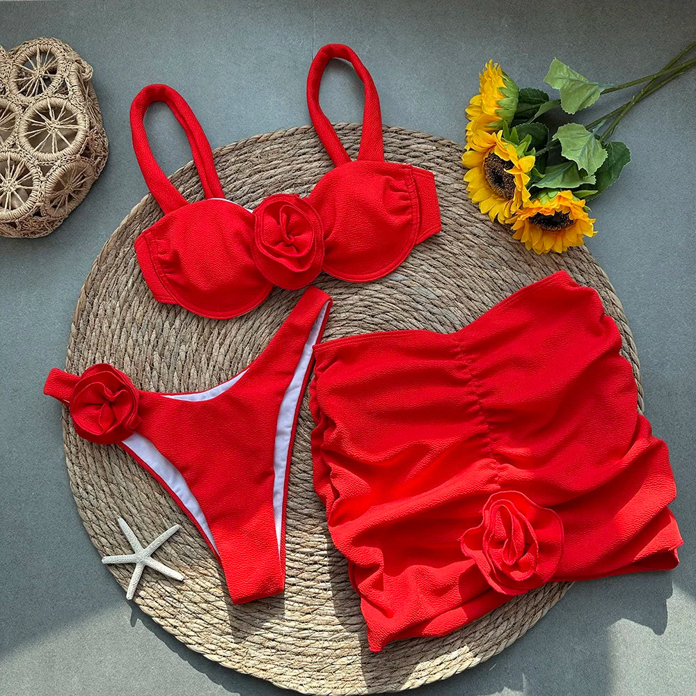 Sexy Floral Lace 3pieces Micro Bikini 2024 Women Swimsuit Female Swimwear Bikinis Set Brazilian Beach Wear Bathing Suit Biquini