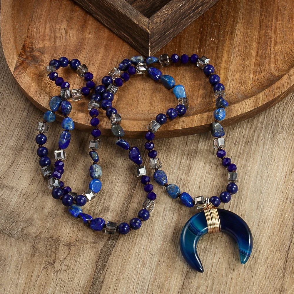 New Natural Crystal Aventurine Jade Agate Bull Horn Pendant 6mm Natural Stone Glass Knot Necklace Sweater Chain Women's Gift