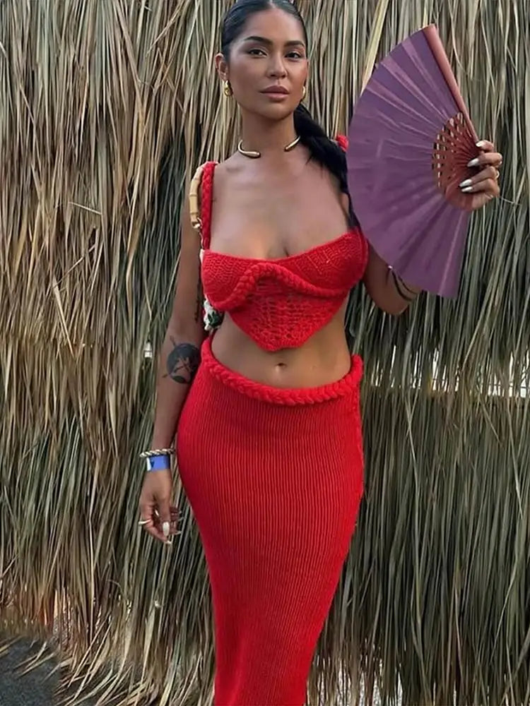 BKQU Crochet Knit Skirts Set Women Sexy Hollow Out Lace Up Crop Tops Hip Package Split Long Skirt Elegant 2 Pieces Beach Outfits