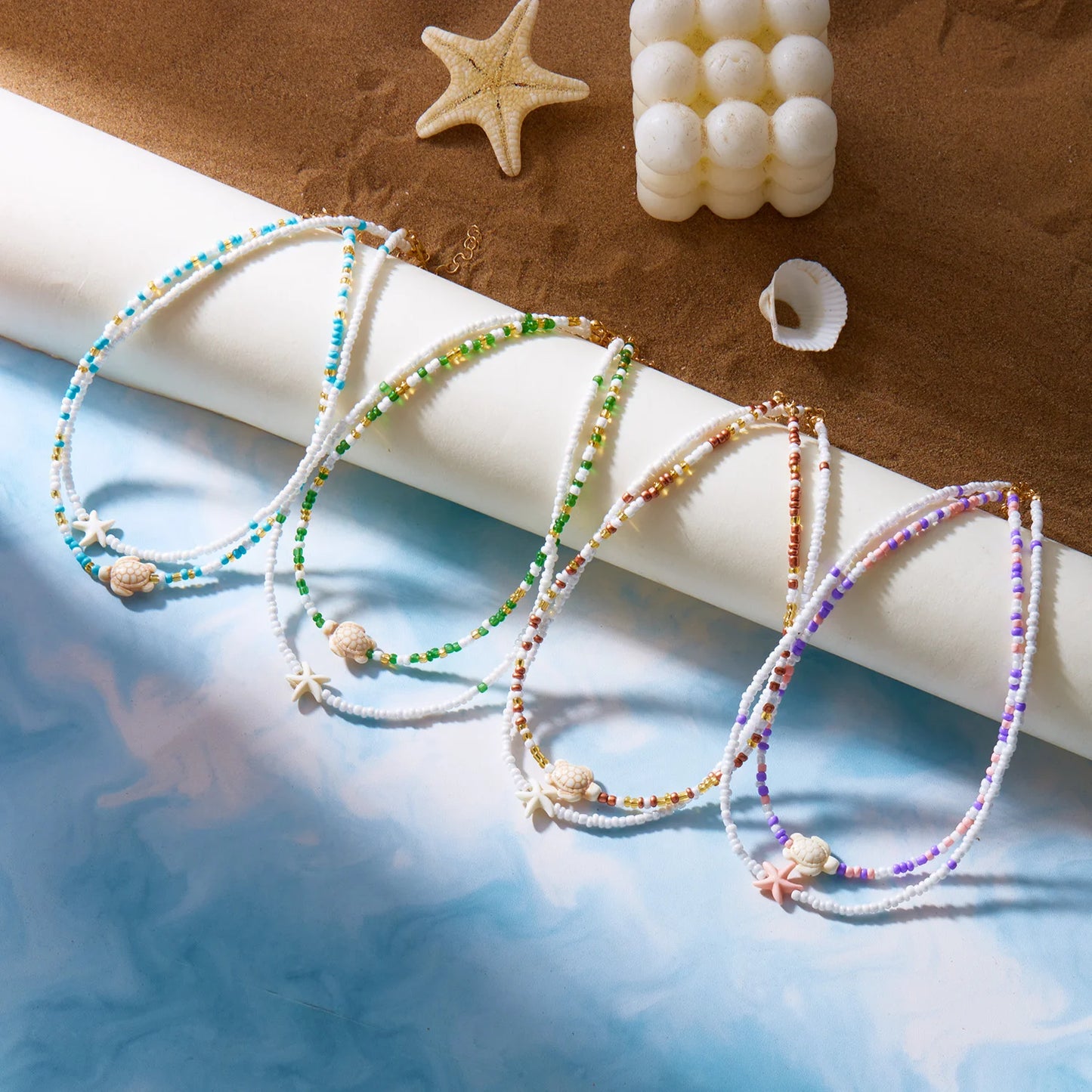 Multi-layer Bohemian Rice Beads Sea Star Turtle Pendant Necklace For Women Girls Holiday Gift Fashion Jewelry