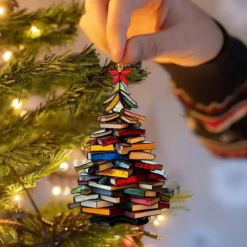 Acrylic Stacked Book Christmas Tree Ornament Clear Book Lover Hanging Decoration Christmas Gift Pendant for Home Office Bookcase