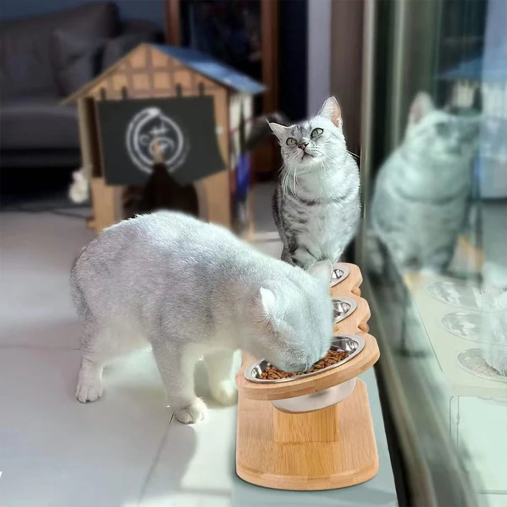 Cat 3 Bowls in 1 Feeder Feeding & Watering Supplies Food Bowl 15-Degree Tilt Raised 3 Stainless Steel Bowls Wood Brackets Puppy