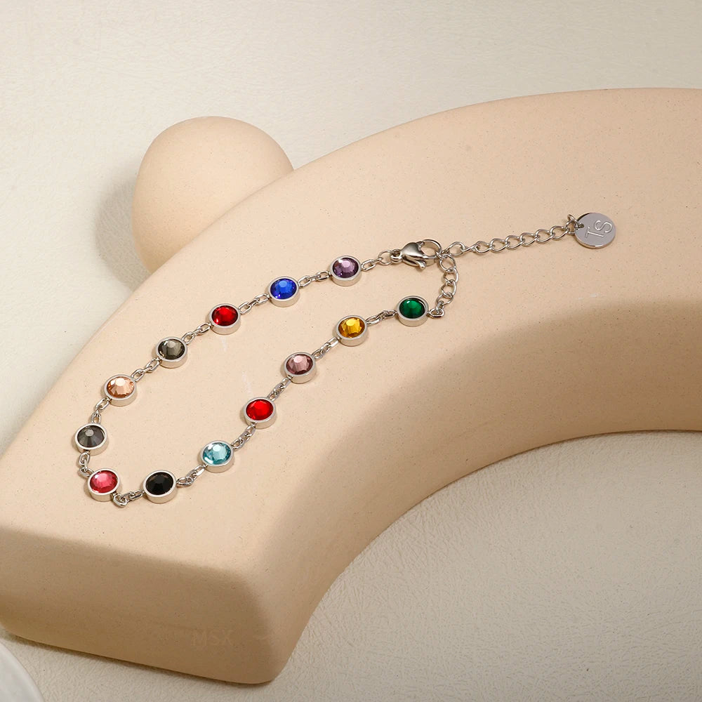 JINHUI Colorful Bejeweled Bangle Popularity TS Stainless Steel Bracelets for Women 12 Birthstones Rainbow Crystal Chain Jewelry