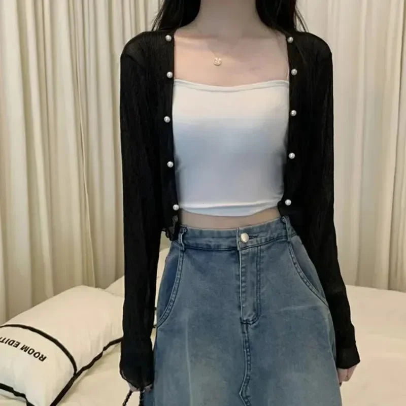 Y2k  White Sun-proof Summer Transparent Short Shirts Female Casual Fashion Thin Shirt Woman Long Sleeve Sun Protection Clothing