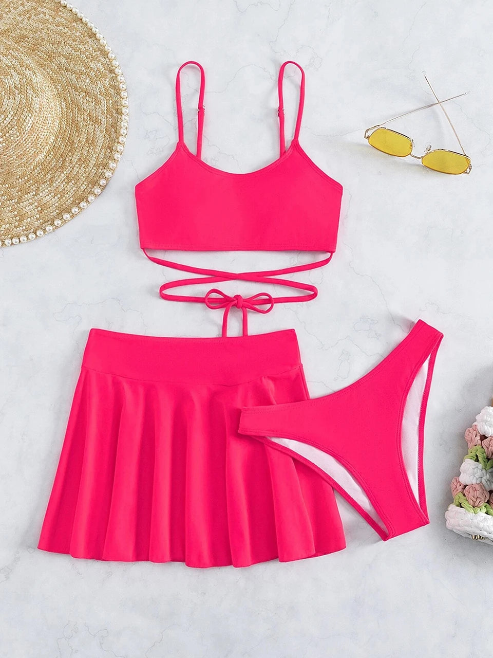 3 Pieces Crisscross Tie Back Bikini & Short Skirt Swimsuit 2024 Women Solid Swimwear Beach Wear Female Bathing Suit Swim Summer