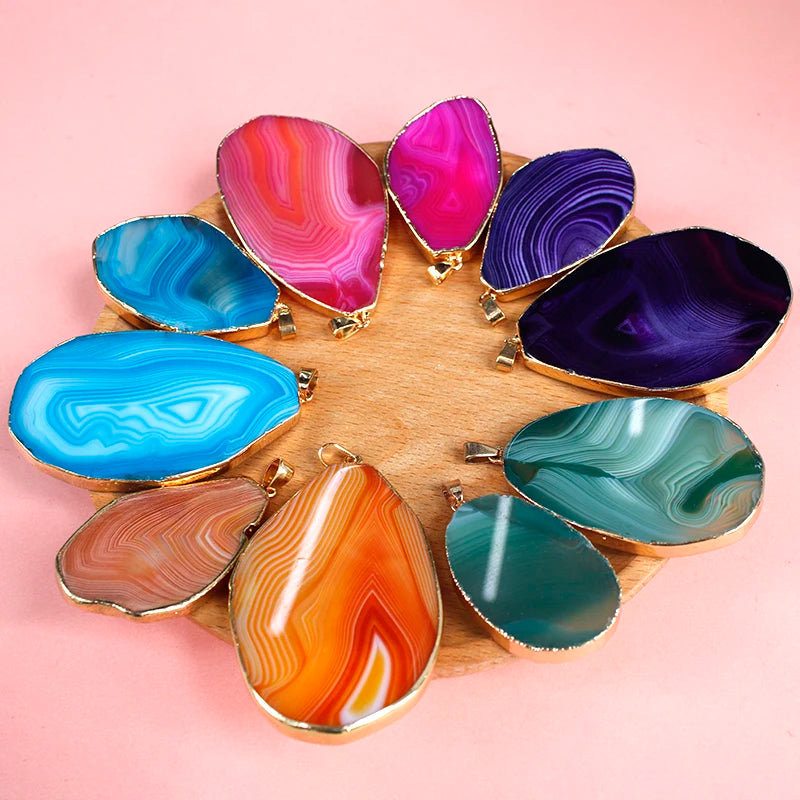 Irregular Striped Agate Slices Pendant Necklace Rough Stone Pendant for Women Girls