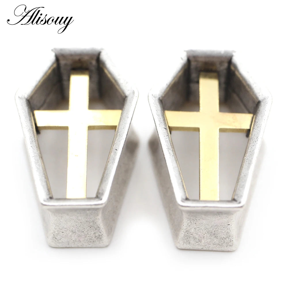 Alisouy 1PC Punk Alloy Casting Coffin Hexagon Cross Ear Tunnels Plugs Expander Stretcher Gauges Earrings Piercing Body Jewelry