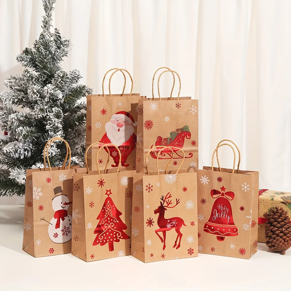 Festive Christmas Gift Bags - 20.5cm x 14.99cm x 7.98cm Brown Kraft Paper Tote Bags with Holiday Designs Christmas paper bag