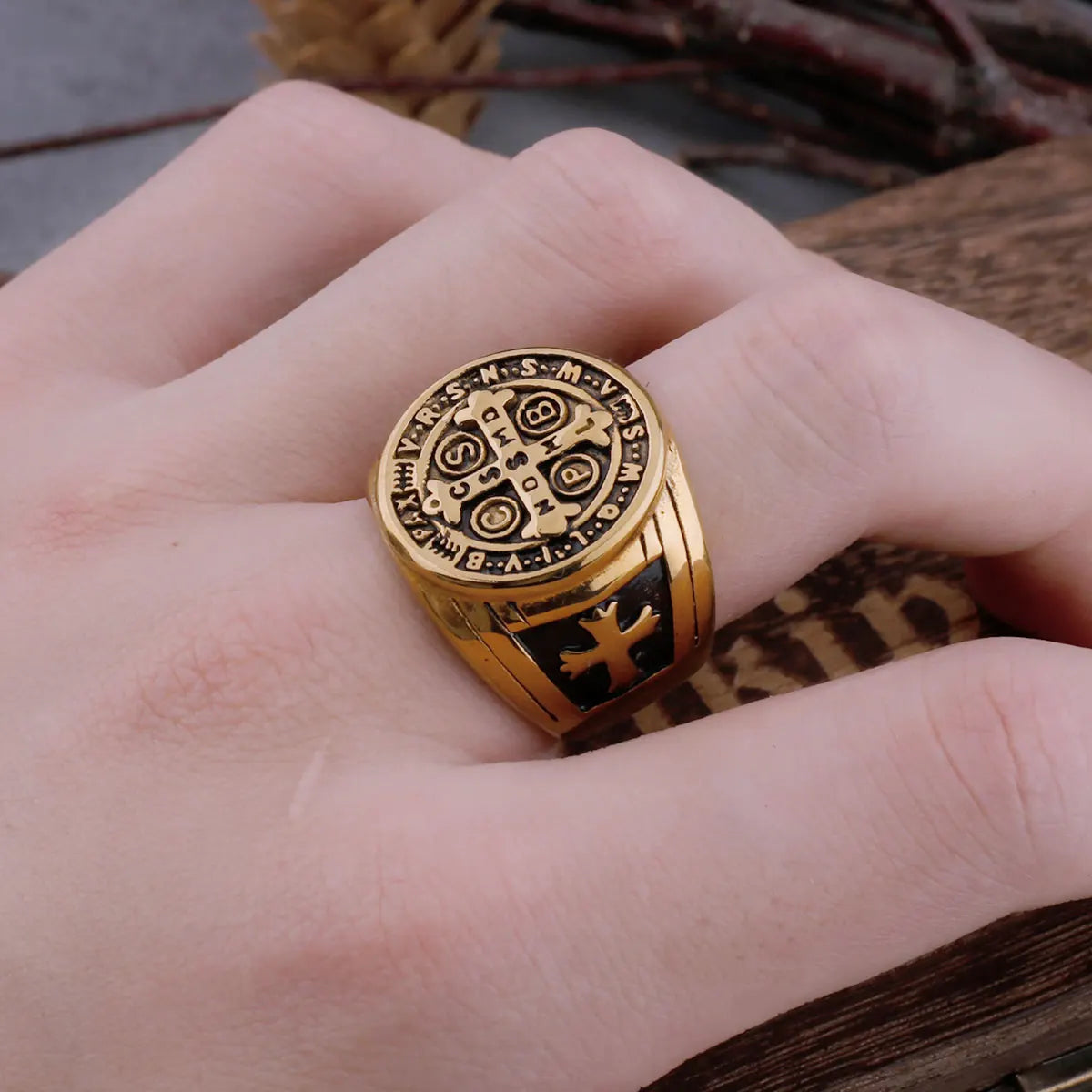 Vintage Saint Benedict's Christian Cross Ring Ring Men's Hip Hop Religious Biker Ring Stainless Steel Jewelry Boyfriend's Gift