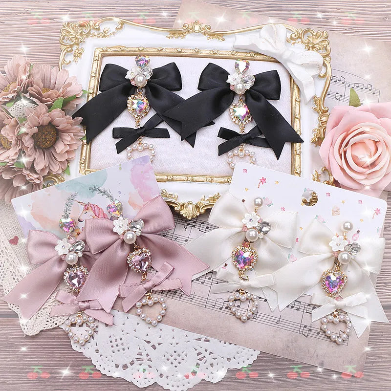 Soft Pink Lolita Earrings Handmade Bow Chic Sweet Girl's Earrings Clips for without Ear Holes/Needles Earring for Woman