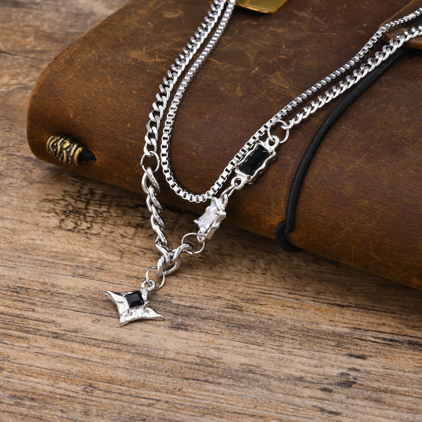 Vnox Stylish Black Stone Choker Necklaces for Men Women, Double Layers Chain Collar,Valentine's Father's Day Birthday Party Gift