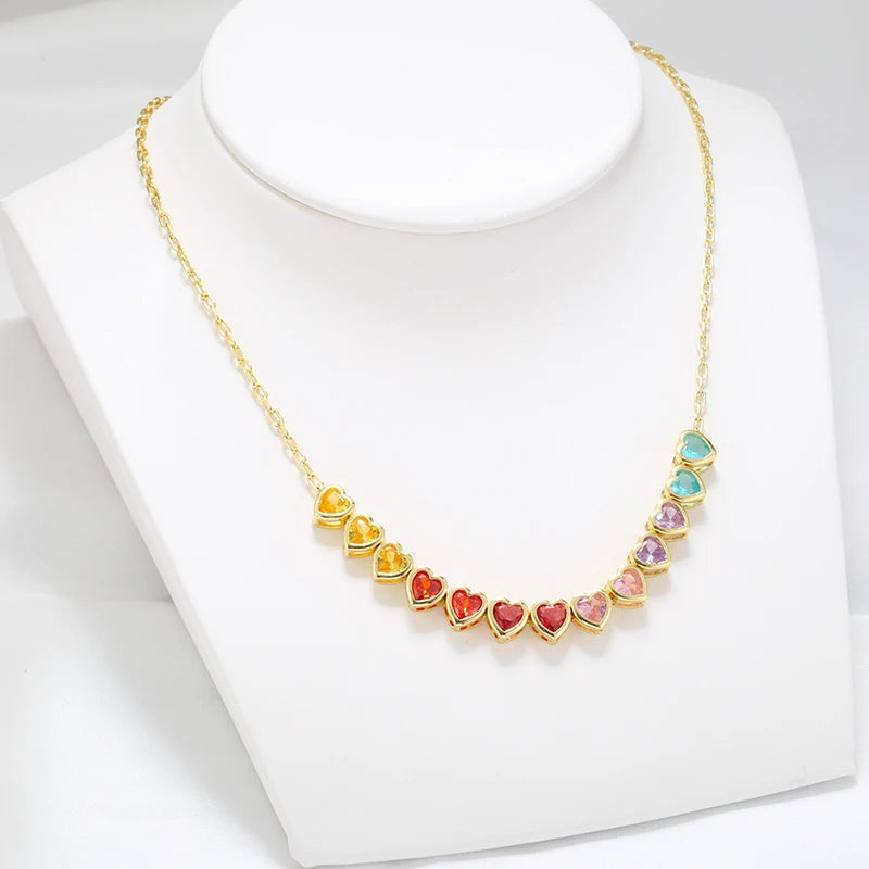 ZHUKOU Heart Rainbow bracelet for women 6 colors CZ stones necklace for women Summer adjustable jewelry sets wholesale VL333
