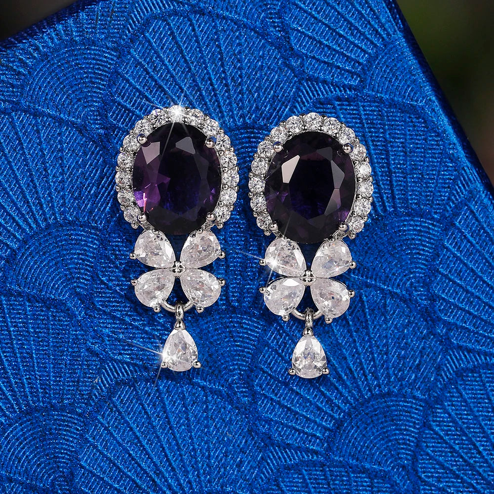 Huitan Gorgeous Purple Cubic Zirconia Dangle Earrings for Women Exquisite Birthday Gift Fashion Accessory Wedding Party Jewelry