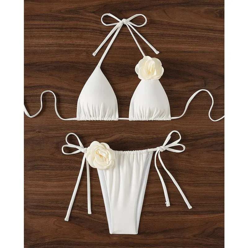 Sexy 3D Flower Black Triangle Bikinis Sets Micro Thong Swimsuit Women String Halter Bathing Suit Bikini 2025 Mujer Biquinis Swim