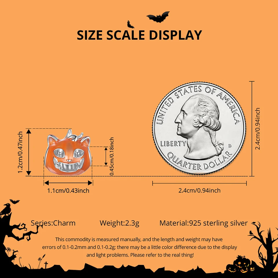BISAER 925 Sterling Silver Halloween Skull & Pumpkin Charm Bead Pumpkin Cat Magic Crystal Pendant for Women DIY Bracelet Jewelry