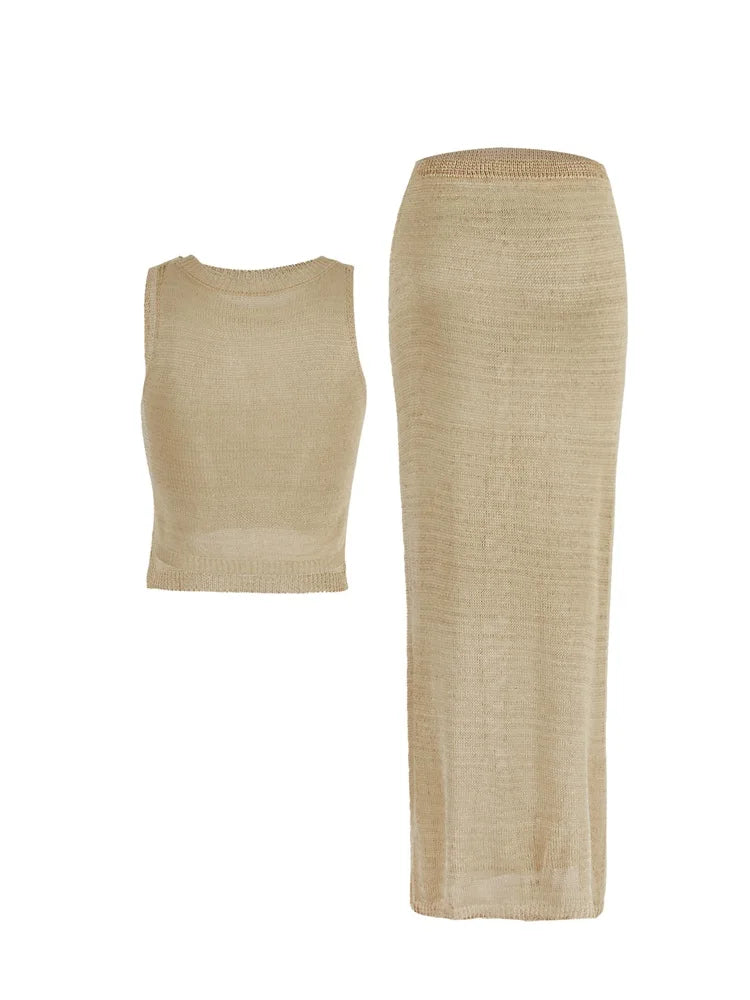 Sexy Transparent Sleeveless Shiny Camisole Tank Top Long Dress Two Piece Set 2025 Fashion Elastic Waist Wrap Hip Knitted Set K68