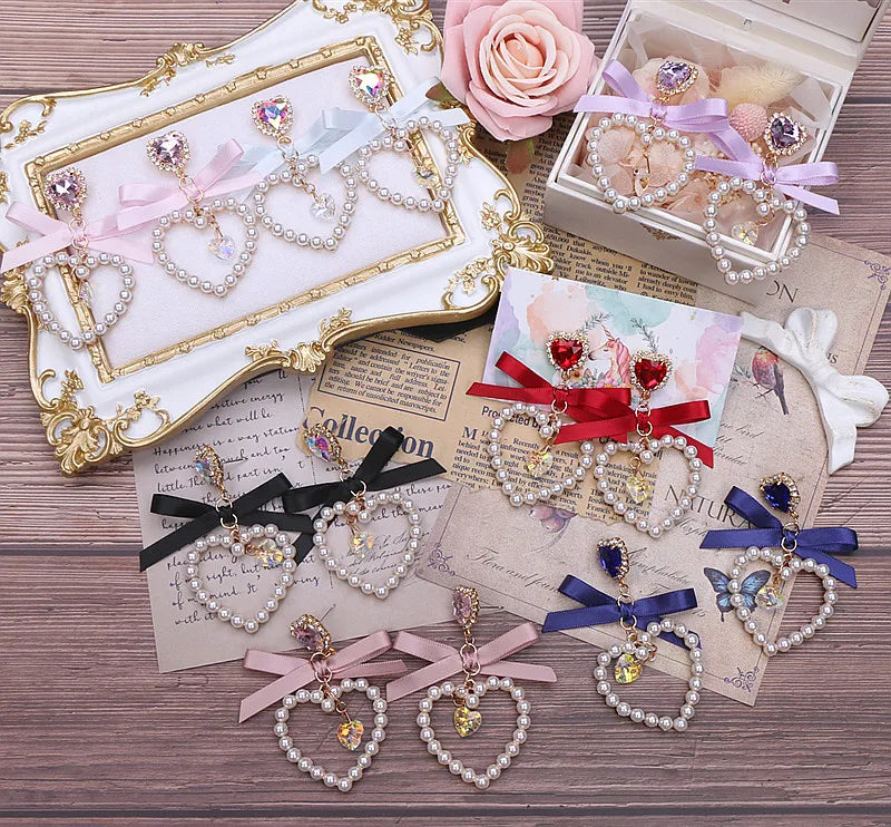 Dainty Japanese Style Women's Bow Earing Sweat Pearl Heart Earings Rhinestone Pendant Heart Earrings Accessories for Girl