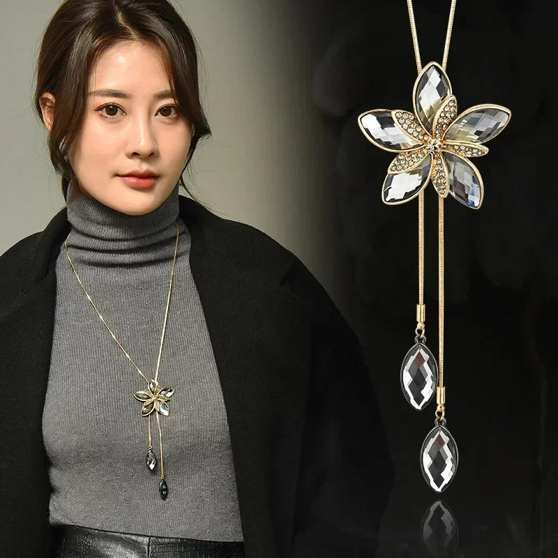 2024 Flower Long Necklaces for Women Fashion Crystal Choker Collier Femme Statement Necklaces&Pendants Accessories