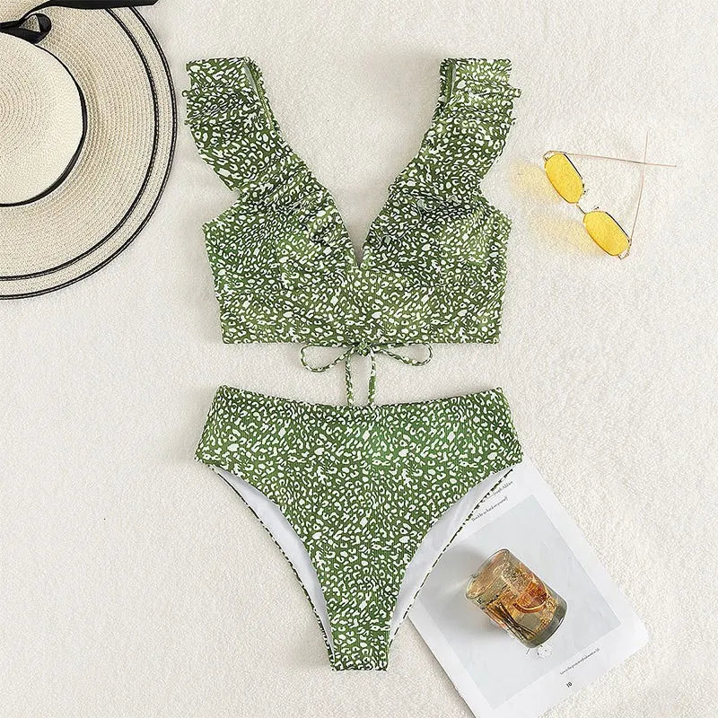 Solid Color Sexy V-neck Ruffle Bikini 2024 Women 2 Piece Swimwear Push Up Padded High Waist Swimsuit Summer Beach Bathing Suit