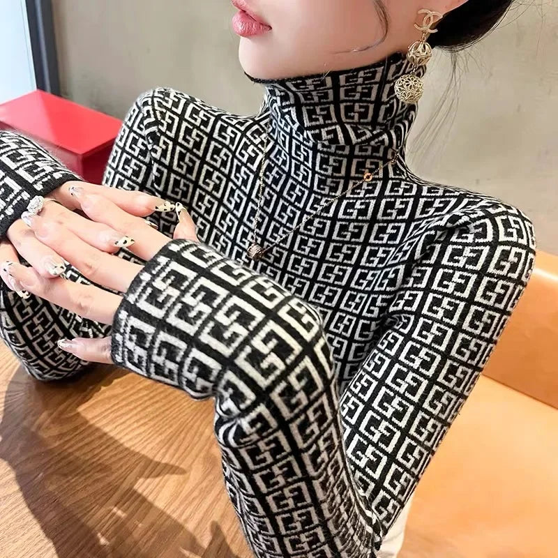 Autumn Winter Vintage Letter Thick Warm Commute Knitted Pullovers Women's Clothing Basic Turtleneck Soft Elastic Slim Sweaters