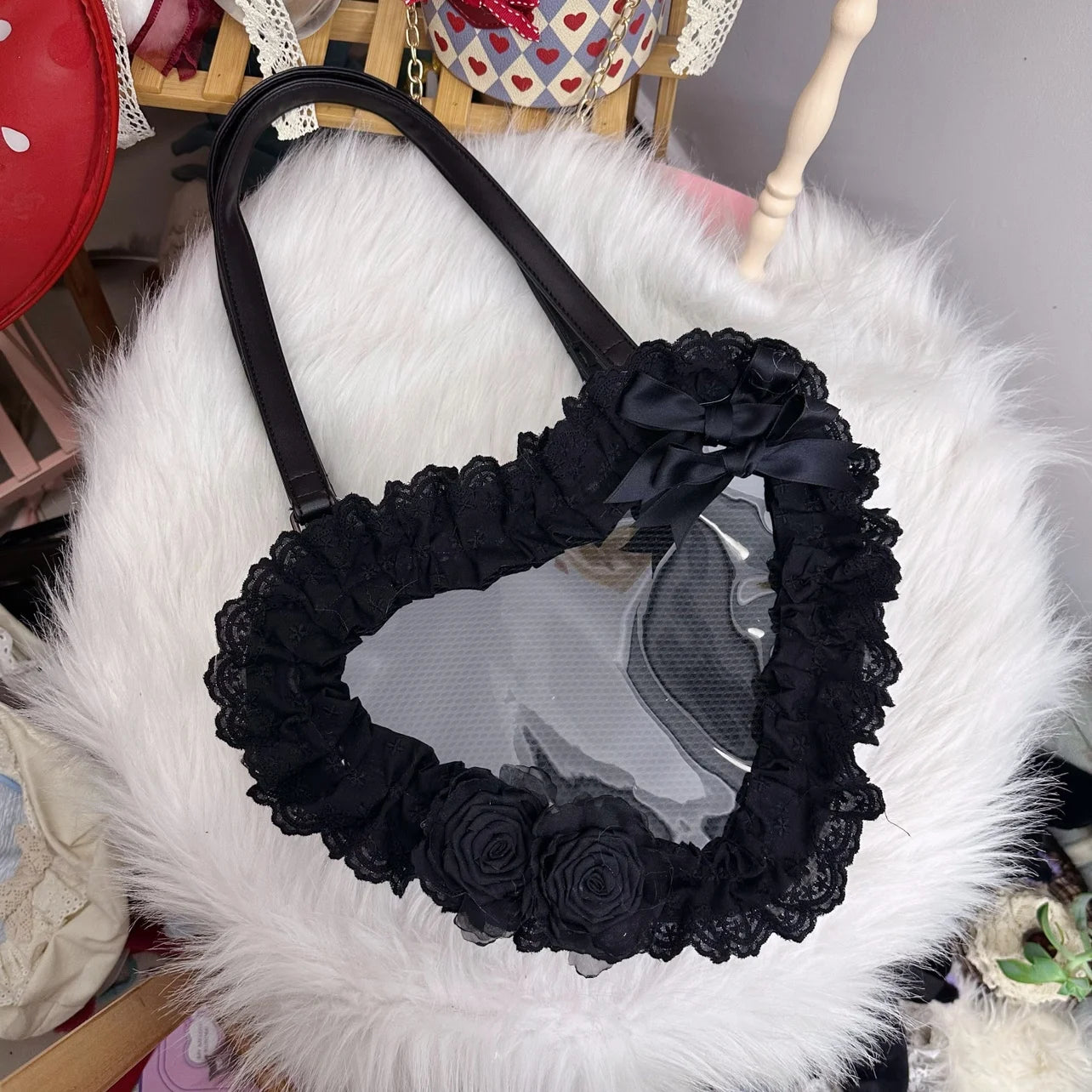 Lolita Handmade Love Heart Lace Flower Cute Shoulder Bag Sweet Girl Students Bow Tote Handbags