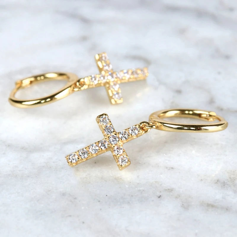 925 Sterling Silver Minimalist Jesus Cross Pendant Earrings Gold/Silver  Hoop Earrings Fashion Wedding Party Earrings Jewelry