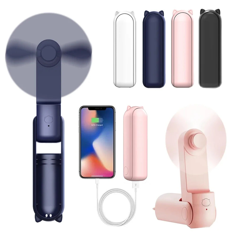 Portable Mini Handheld Fan Small Pocket USB Rechargeable Battery Fan Folding Cooling Hand Mini USB Fan with Power Bank