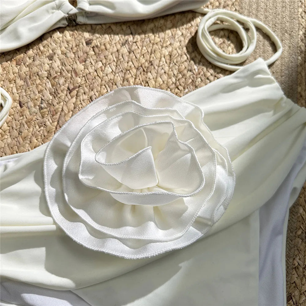 Sexy Red 3D Flower Swimwear Halter Bandeau Bikinis Sets High Wiast Swimsuit 2025 Women Ruched Bathing Suit Bikini Mujer Bather