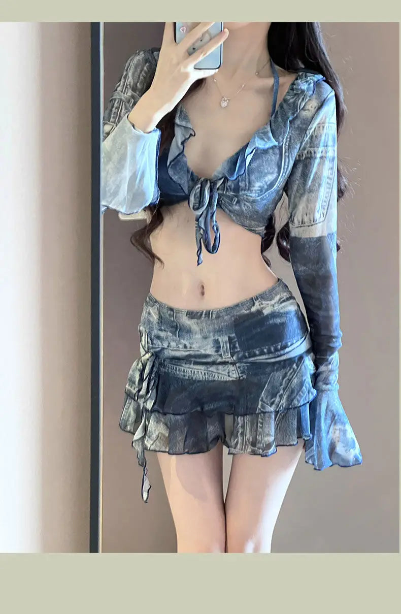 Bikini Swimsuit Lady Denim Blue Four Piece Set Sexy Fashion Vacation Sand Auricularia Auricula Edge Slim A-line Skirt Swimwear