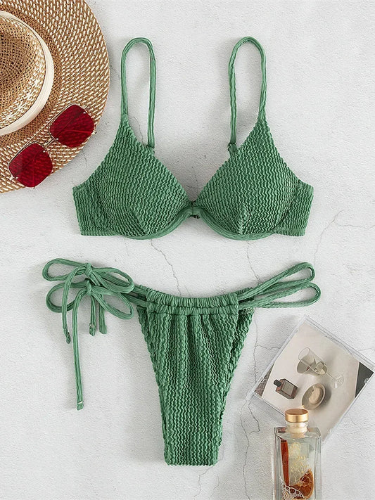 Underwire Push Up Bikinis Women Solid Green Swimwear 2024 Ribbed Cut Out Beach Bathing Suit Tie Side Triangle Swimsuit Biquini