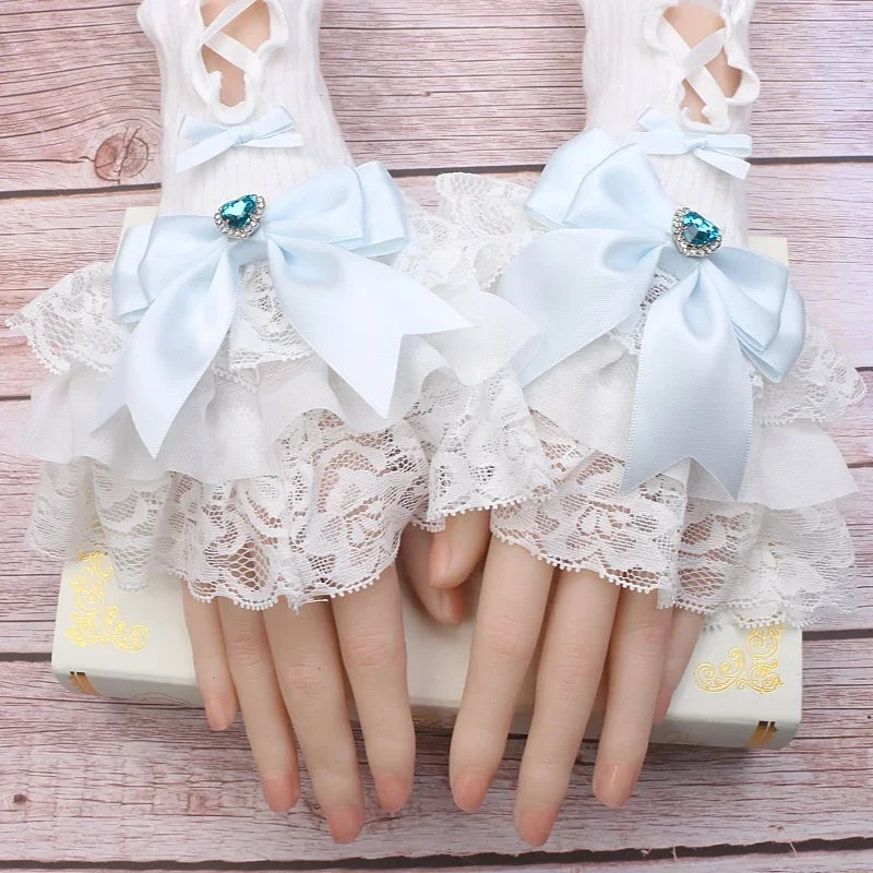 Handmade Sweet Women's Lolita Mine Lace Bow Rhinestone Oversleeves Girls Japanese Style Lace Sleeves Mittens