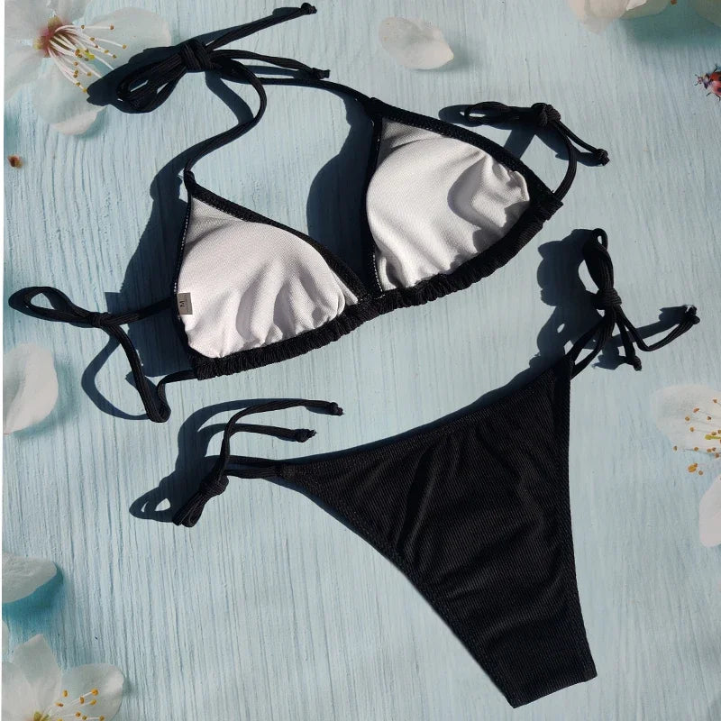 Sexy Bikini  Lace Up Swimsuit Solid Color Swimsuit Women's Brazil 2023 Fashion Swimsuit