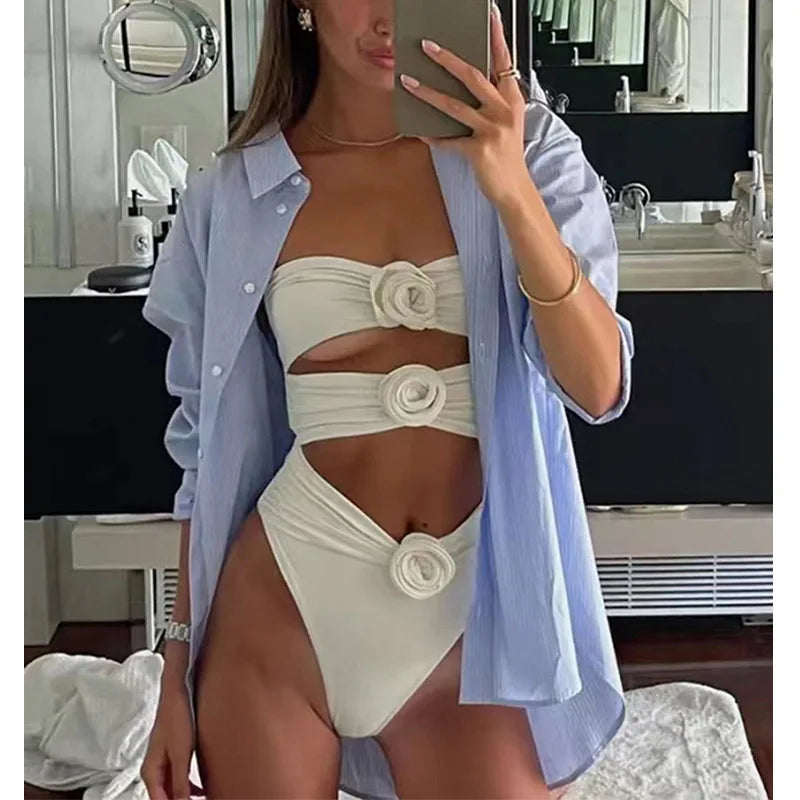 Sexy Solid Bikini 2025 Women Swimsuit Female Swimwear Bikinis Set Brazilian Beach Hollow Out 3D Flower Bathing Suit Biquini