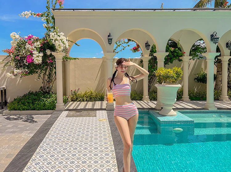 Sexy Stripe Bandeau Swimwear High Waist Bikini 2024 Women 3 Pack Swimsuits with Skirt Bathing Suit Korean Bikinis Set Beach Wear