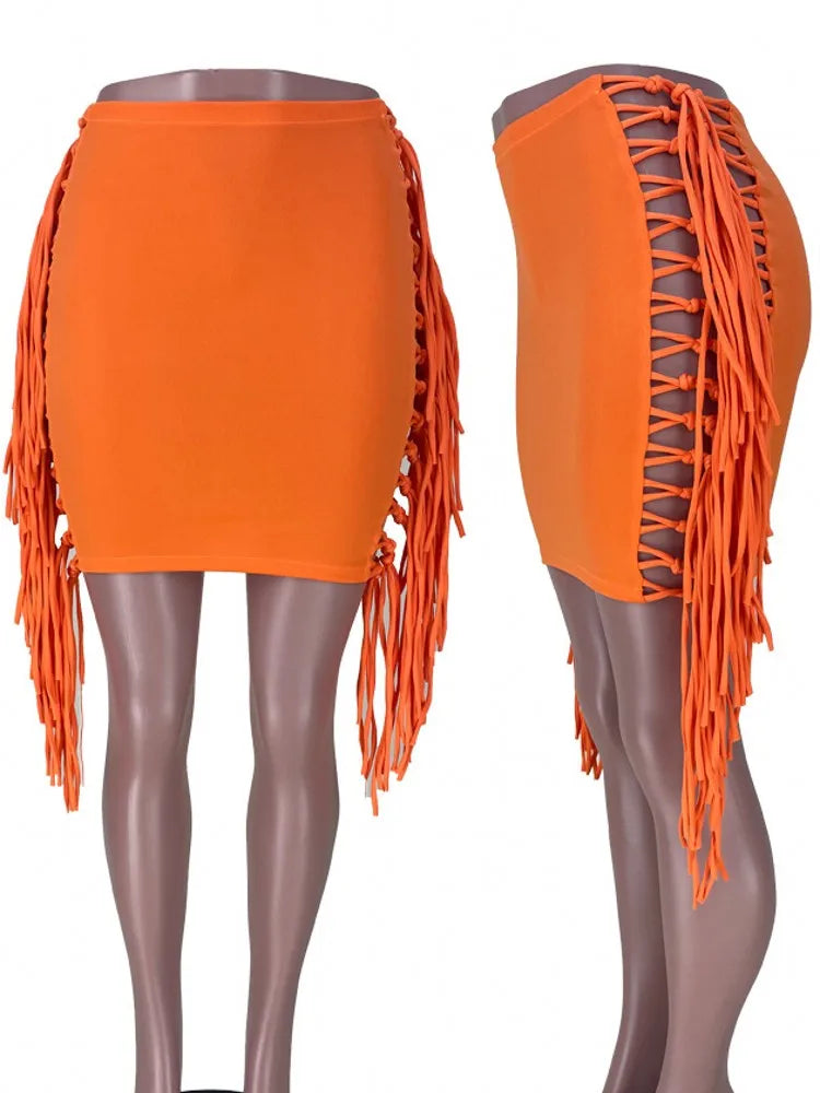 Sexy Wrap Women Mini Skirts Solid Bodycon Streetwear Skirts 2022 Summer Chic Hollow Out Tassel Y2K Style Bottom Outfits