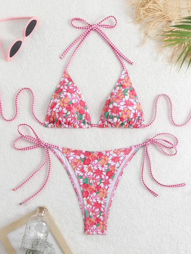 Bikini Women Swimsuit 2025 New Print Halter Bikinis Set Sexy Thong Swimwear Summer Two Piece Backless Beach Bathing Suit Female