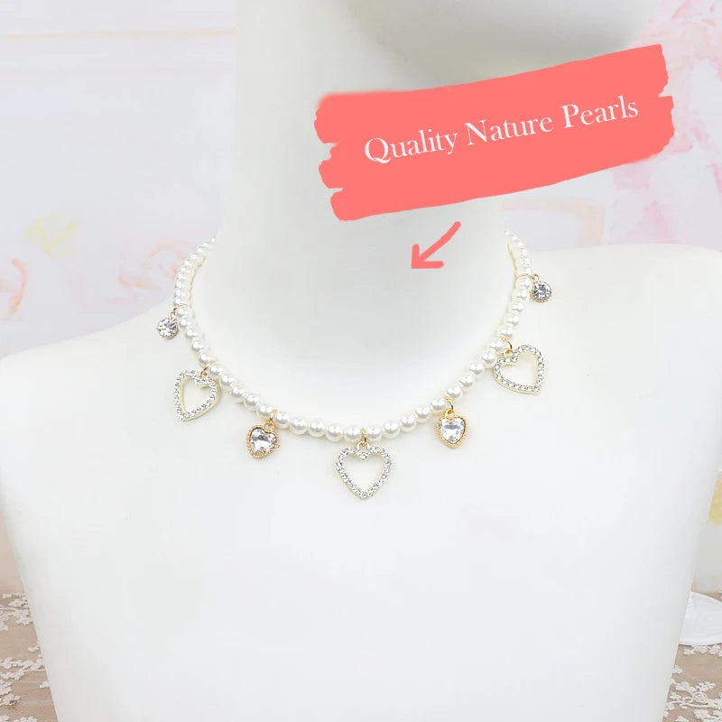 Lolita-Style Lace Choker Pearl Heart Rhinestone Necklace Lolita Pendant Girl Sweet Pearl Necklace with Heart Pendant for Women