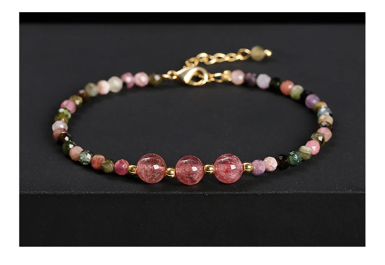 JD Natural Stone Faceted Rainbow Tourmaline Strawberry Quartz Bracelet Women Luxury Thin Adjustable Reiki Healing String Jewelry