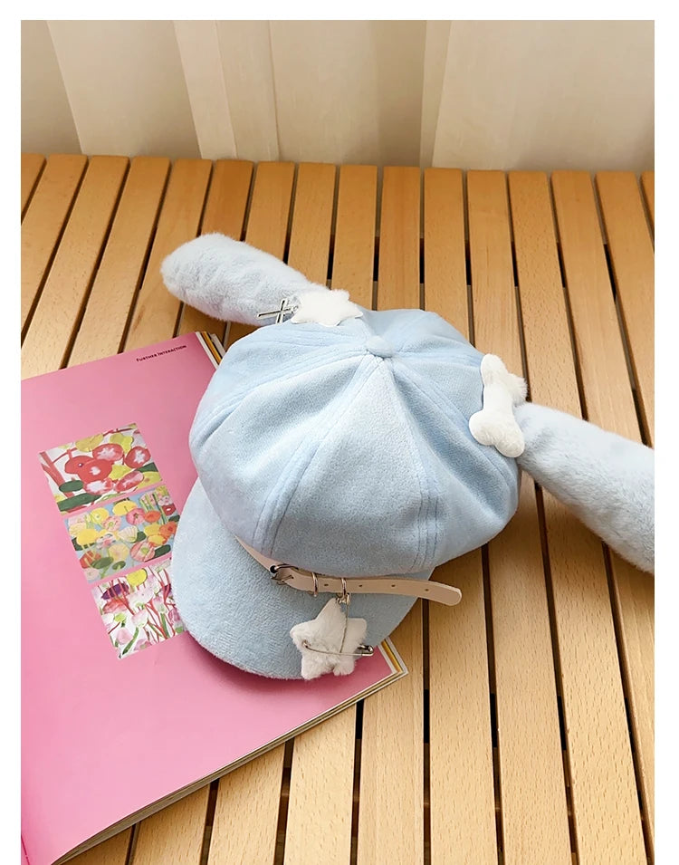 Original Niche Cute Rabbit Ears Plush Berets Cap Y2k Autumn and Winter Travel Personality Versatile Sweet Octagonal Hats Women