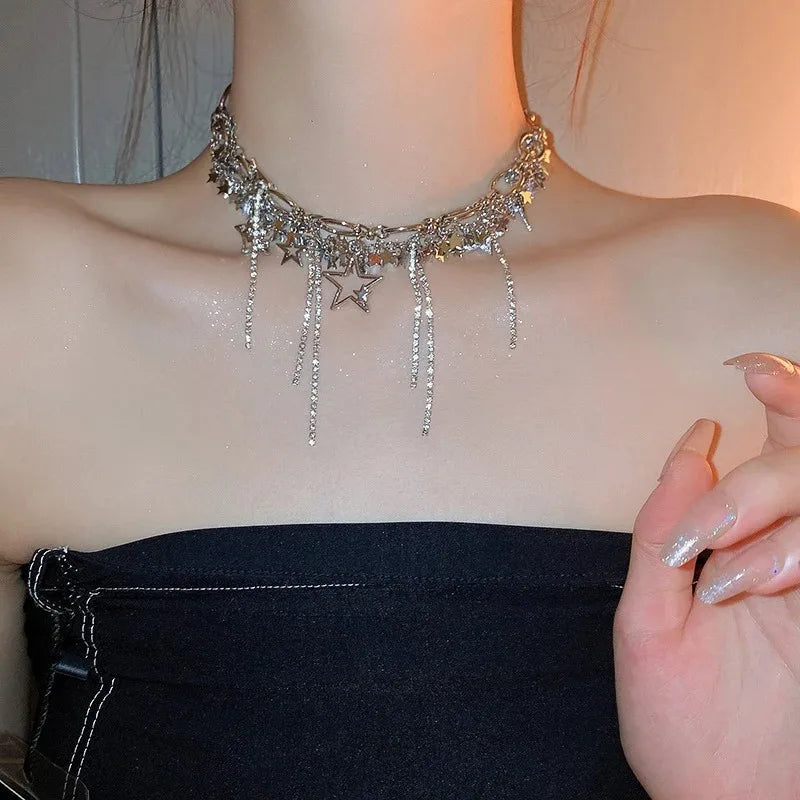 New Punk Style Necklace with Sparkling Zircon Studded Tassel Star Shaped Necklace Lightweight Luxury Necklace Jewelry ﻿Gifts