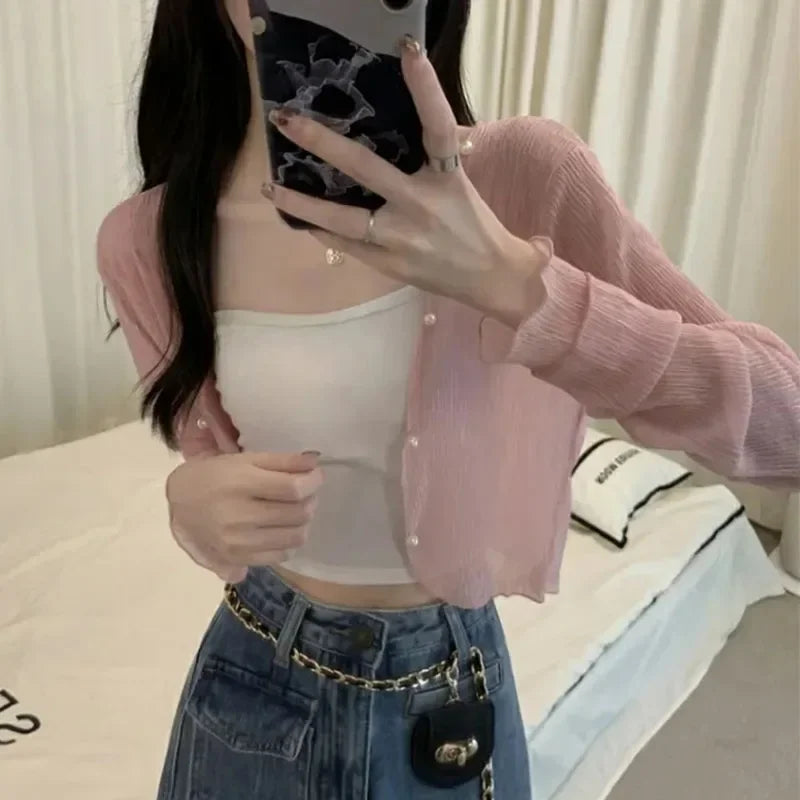 Y2k  White Sun-proof Summer Transparent Short Shirts Female Casual Fashion Thin Shirt Woman Long Sleeve Sun Protection Clothing