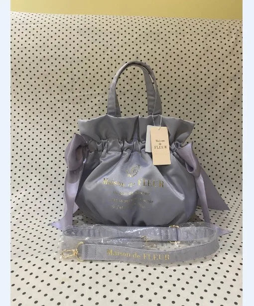 Japanese Style New Double-Sided Drawstring Bags Sweet Cute Girl Ladies Satin Bow Crossbody Shoulder Portable Handbag