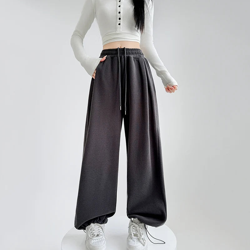 Black Gray High Waist Sweatpants Women Spring Autumn Elastic Waisted Wide Leg Trousers Woman Comfort Straight Loose Sport Pants