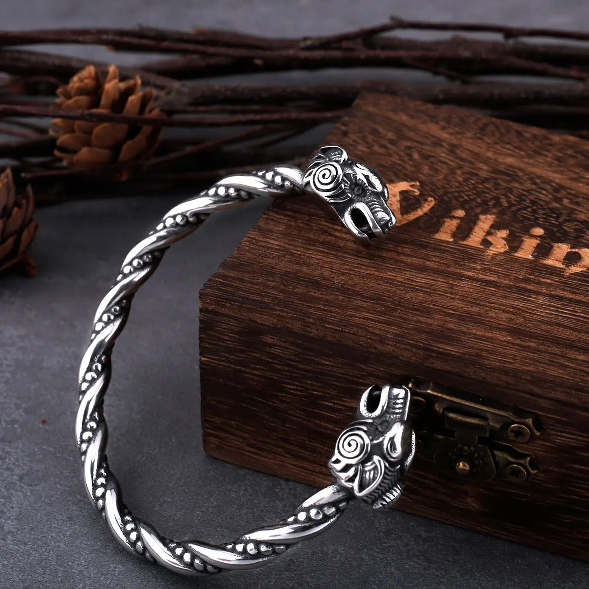 Stainless Steel Viking Goat Head Men's Cuff Bracelet Jewelry Strap Valknut Gift Bag Wooden Box One Piece Dropshipping